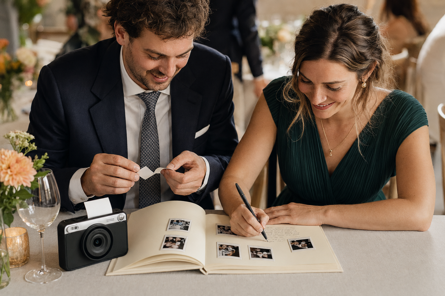 Des invités collent une photo et écrivent un message dans le livre d’or Lumely Signature